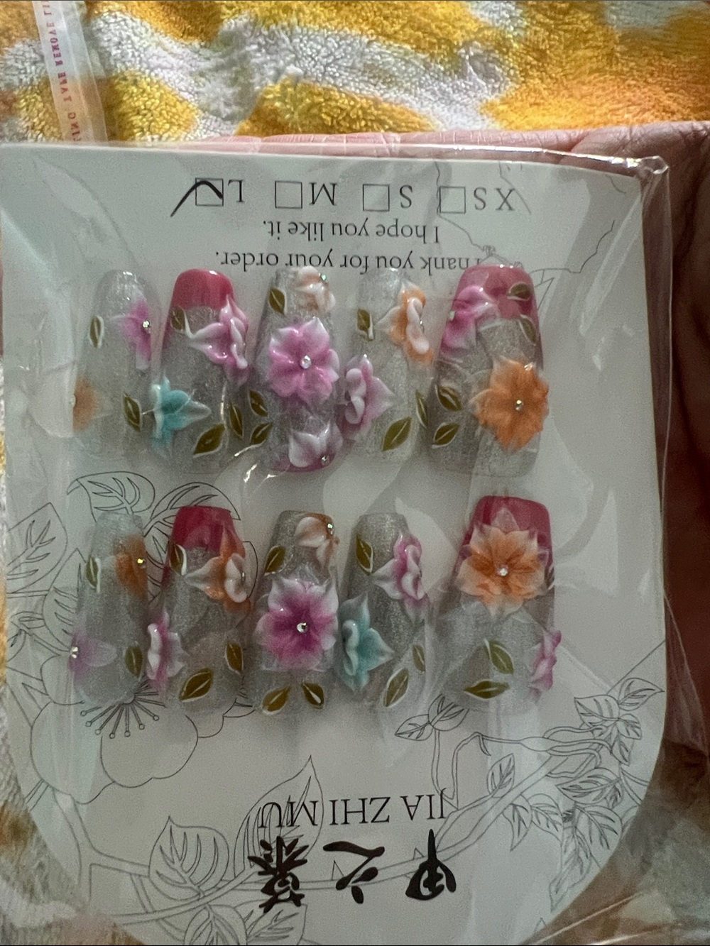 Gorgeous Jia Floral 3D Press-On Nail Set - Pink & Multicolor. Size large new.